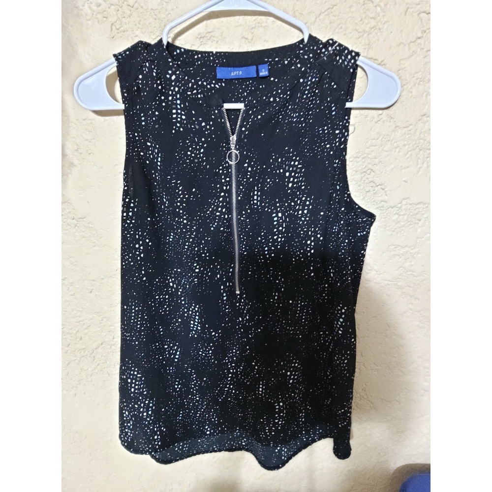 Apt 9 Womens Small Black White Abstract Speckled Sleeveless Half Zip Blouse Top